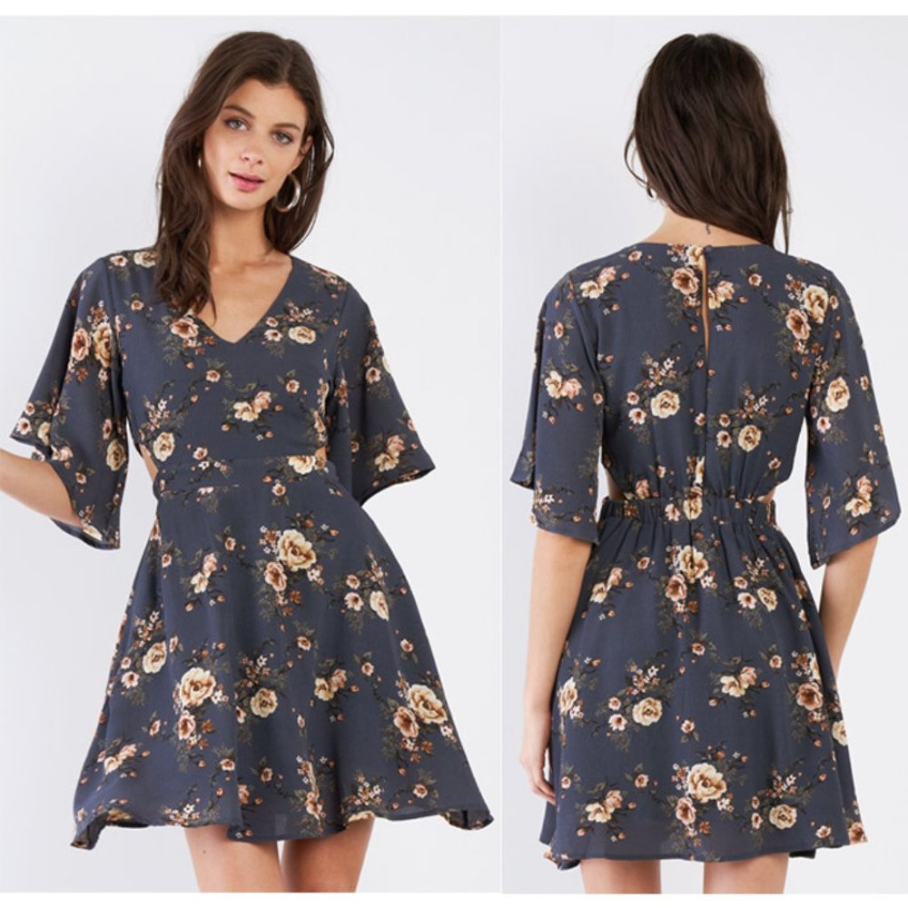 Blue Floral V Neck Kimono Sleeves Fit Flare Dress - Picture 7 of 8